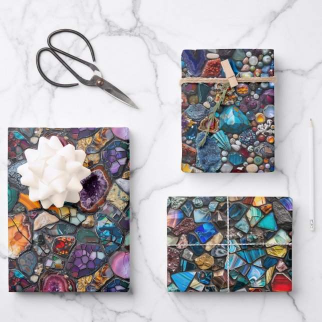 Colorful Gemstones and Mineral Intricate Pattern Wrapping Paper Sheets (Front)
