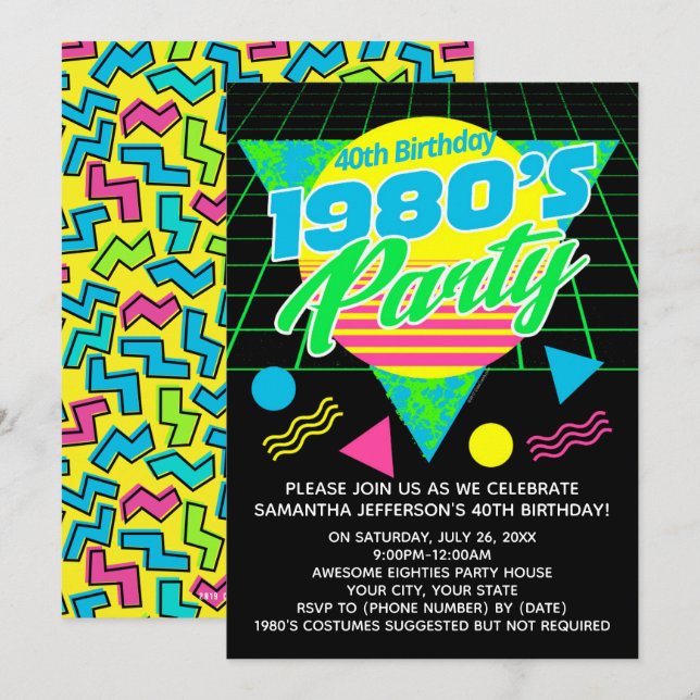 Colorful Geometric 1980s 80s 40th Birthday Party Invitation (Front/Back)