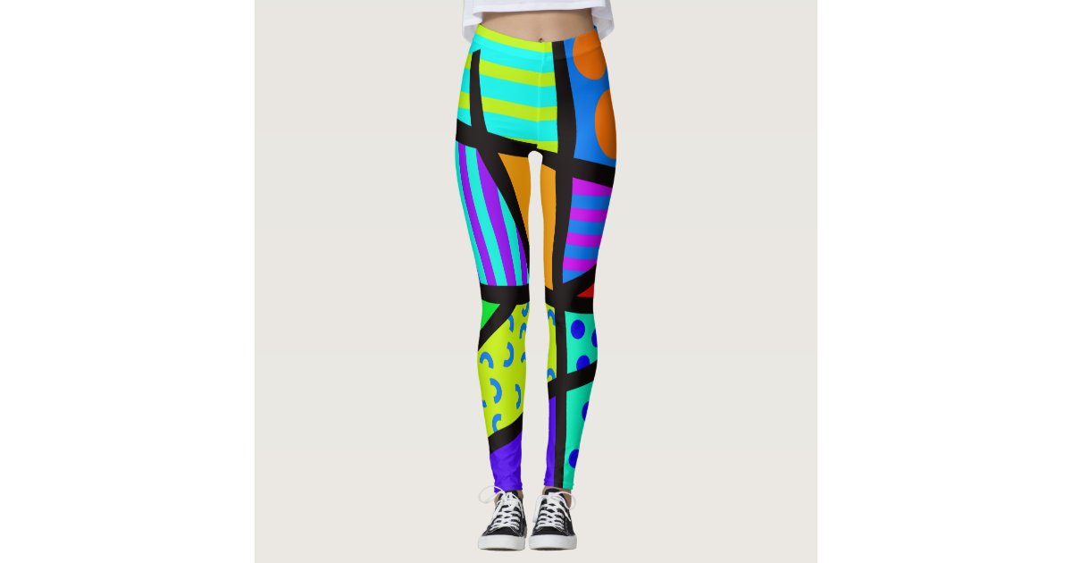 Memphis Style 80s Geometric Bright Color Pattern Leggings, Zazzle