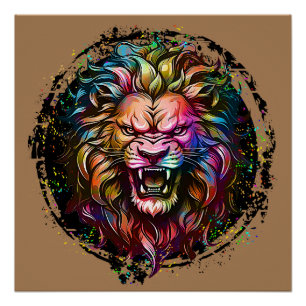 COLORFUL GEOMETRIC ABSTRACT MAJESTIC LION ROAR POSTER