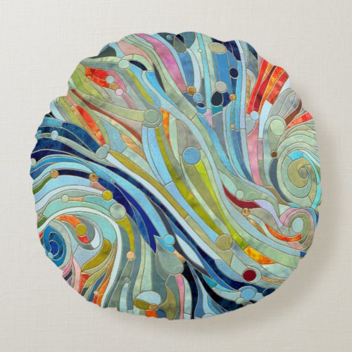 Colorful Geometric Abstract Mosaic Art Round Pillow