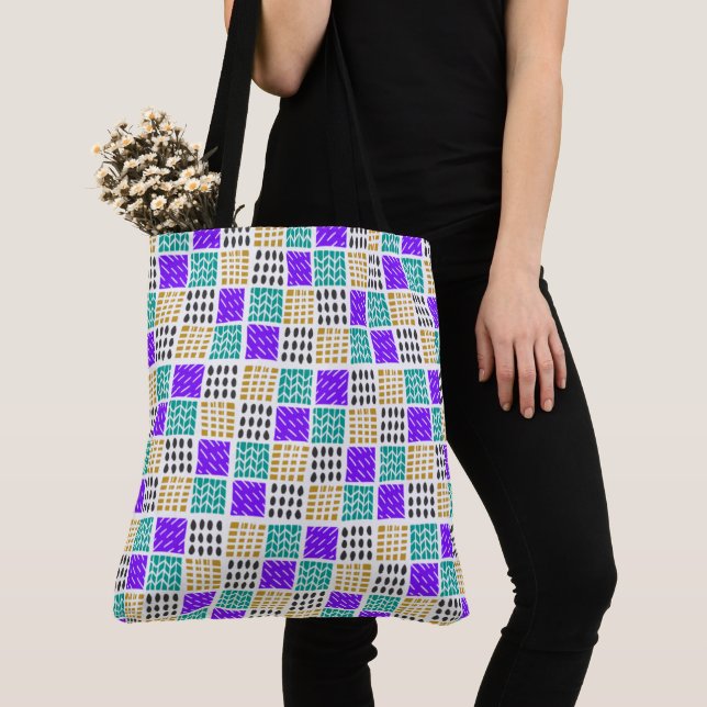 Colorful Geometric Abstract Squares Pattern Tote Bag (Close Up)