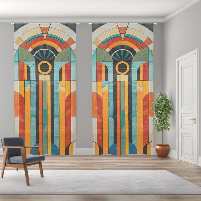 Colorful geometric art deco pattern 2 sheer curtains (Wide)