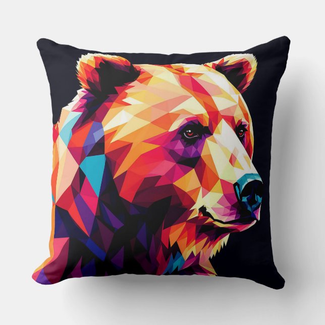 Colorful Geometric Bear Portrait Throw Pillow (Front)