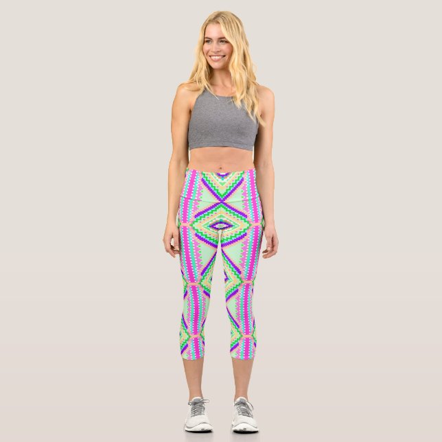 Colorful Geometric Boho Pattern Capri Leggings (Front)