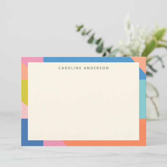 Colorful Geometric Border Personalized Name  Note Card (Standing Front)
