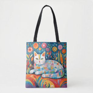 Colorful Geometric Cat Design, Abstract Feline Tote Bag