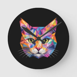 Colorful Geometric Cat Face Low Poly Triangle Art Round Clock