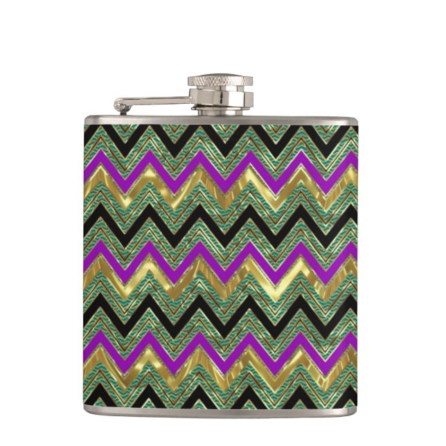 Colorful Geometric Chevron Gold Accents Hip Flask (Front)