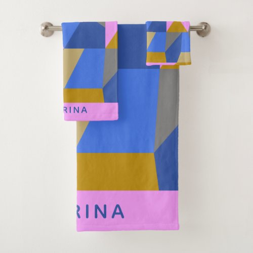 Colorful Geometric Color Block Pattern Custom Name Bath Towel Set