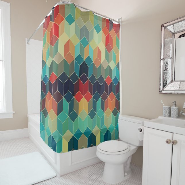 Colorful Geometric Cubes Modern Pattern Shower Curtain (In Situ)
