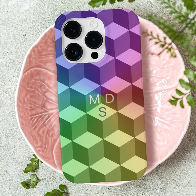Colorful Geometric Cubes Monogram iPhone Case (A colorful geometric cube pattern phone case with space for your initials)