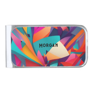 Colorful Geometric Design, Name or Monogram Silver Finish Money Clip