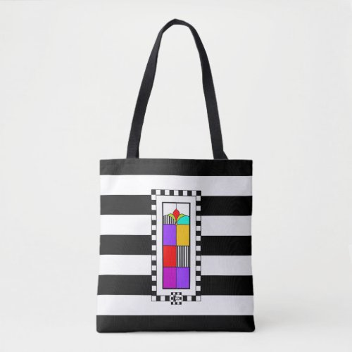 Colorful Geometric Design on Bold Stripes tote