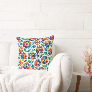 Colorful Geometric Floral Pattern Retro Modern Blu Throw Pillow