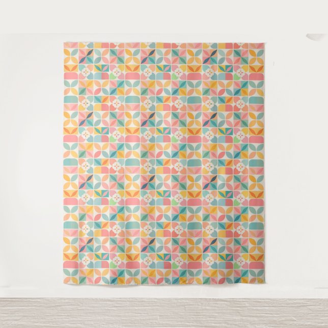 Colorful Geometric Floral Pattern Tapestry (Front)