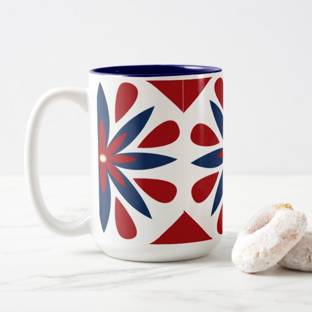 Colorful Geometric Floral Pattern Two-Tone Coffee Mug (With Donut)