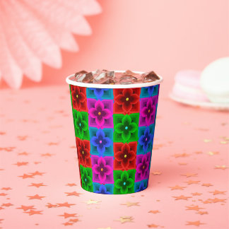 Colorful Geometric Flower Seamless Pattern, Bold Paper Cups