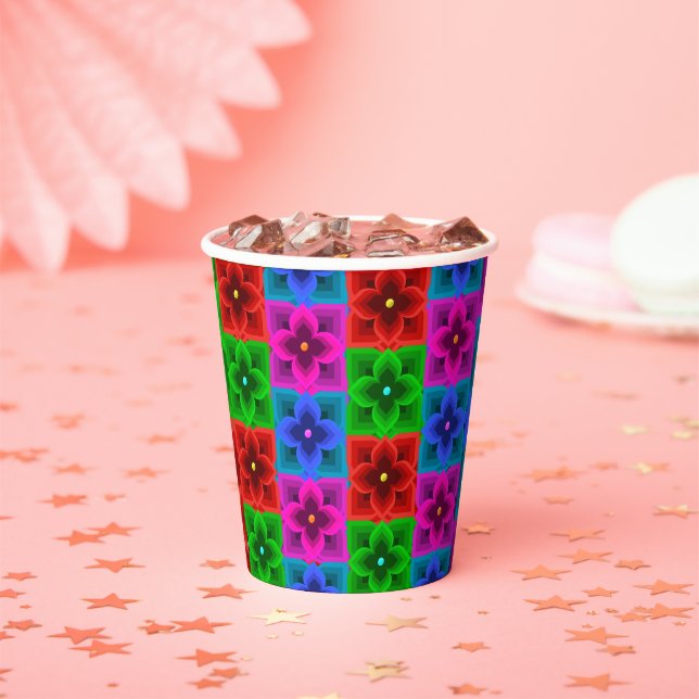 Colorful Geometric Flower Seamless Pattern, Bold  Paper Cups (Insitu)