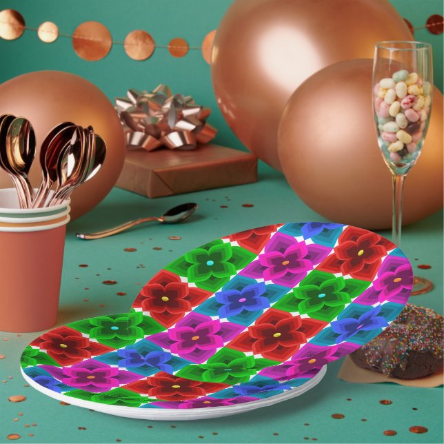 Colorful Geometric Flower Seamless Pattern, Bold  Paper Plates (Multi)