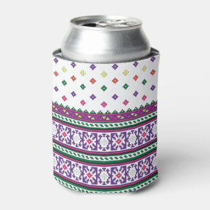 Colorful Geometric Folk Art design with flowers Can Cooler