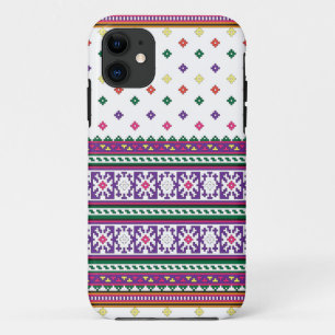 Colorful Geometric Folk Art design with flowers iPhone 11 Case