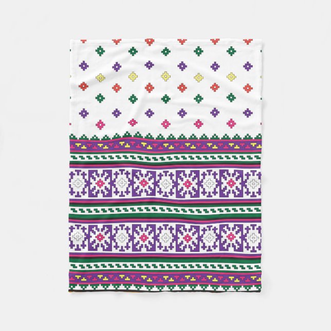 Colorful Geometric Folk Art design with flowers Fleece Blanket (Front)