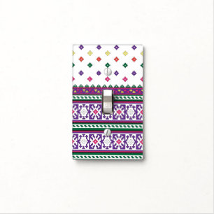Colorful Geometric Folk Art design with flowers Light Switch Cover