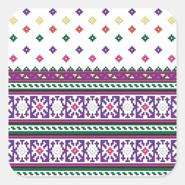 Colorful Geometric Folk Art design with flowers Square Sticker (Front)