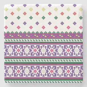 Colorful Geometric Folk Art design with flowers Stone Coaster