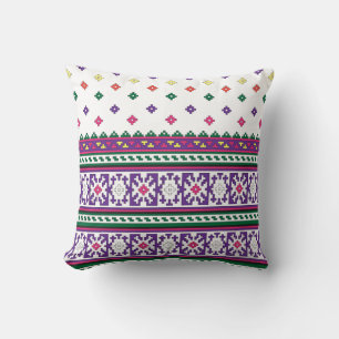 Colorful Geometric Folk Art design with flowers Throw Pillow