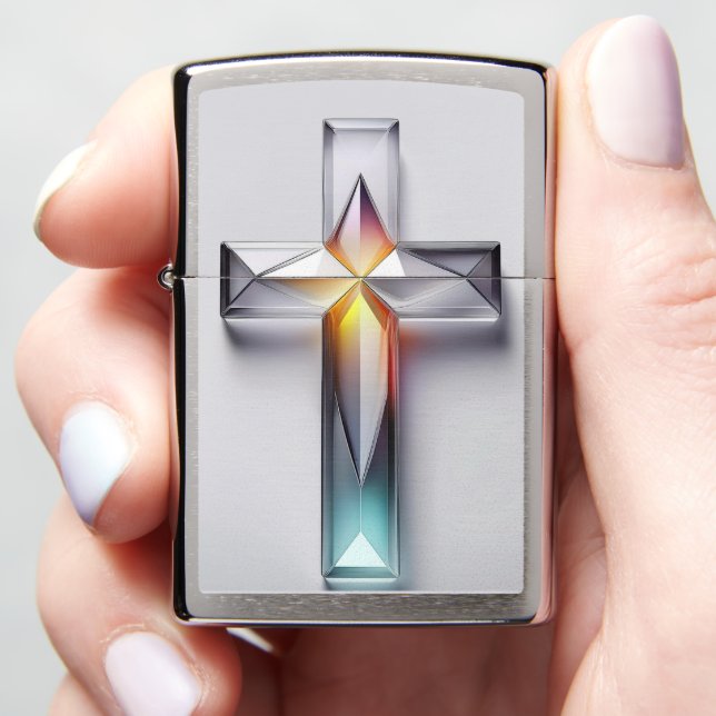 Colorful Geometric Gemstone Christian Cross Zippo Lighter (In Hand)
