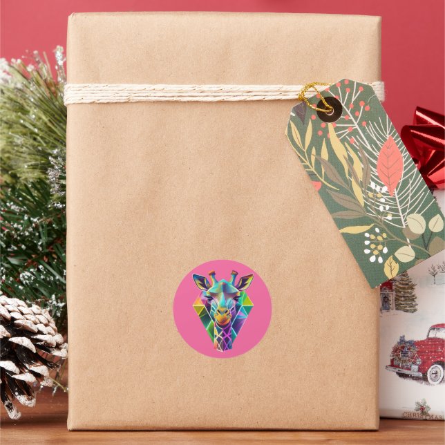 Colorful Geometric Giraffe Head Classic Round Sticker (Holiday)