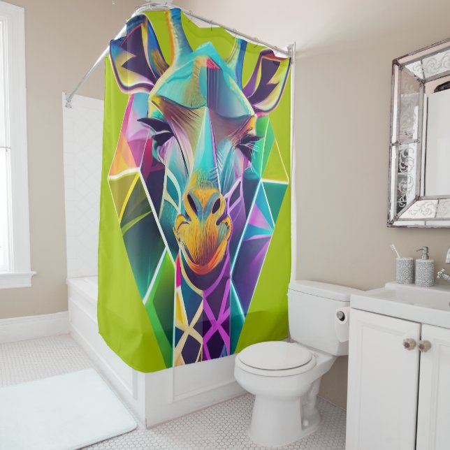 Colorful Geometric Giraffe Head Shower Curtain (In Situ)