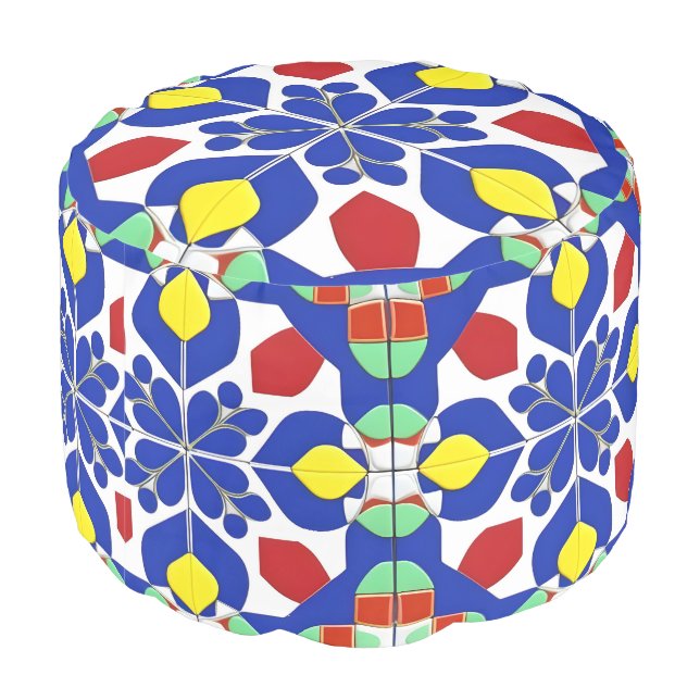 Colorful Geometric Inspired Floral Pattern Pouf (Angled Back)
