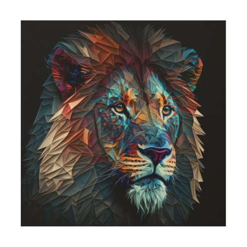 Colorful Geometric Lion Portrait Wood Wall Art