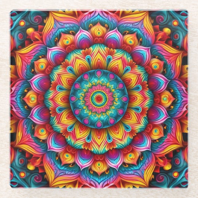 Colorful Geometric Mandala Pattern-342678 Glass Coaster (Front)