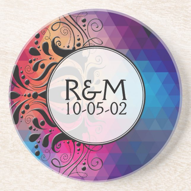 Colorful Geometric Ombre & Black Lace Wedding Gift Drink Coaster (Front)