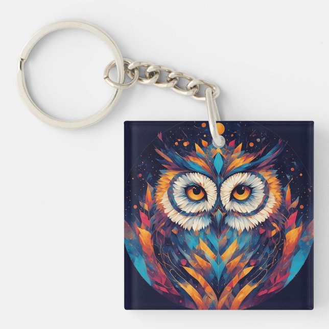 Colorful Geometric Owl Face Keychain (Front)