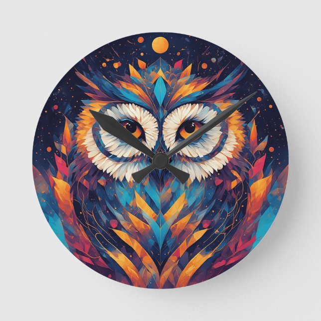Colorful Geometric Owl Face Round Clock (Front)