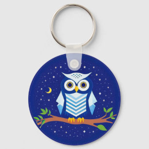Colorful Geometric Owl Perched on Branch Keychain