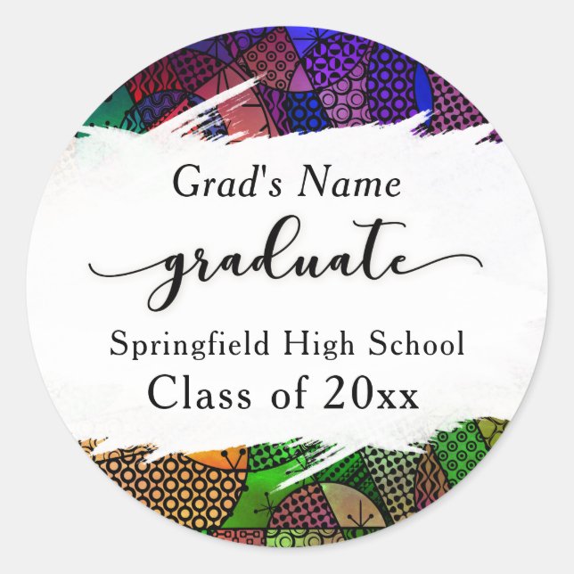 Colorful Geometric Pattern Brushstroke Graduation Classic Round Sticker (Front)