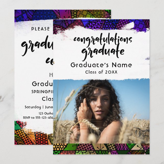 Colorful Geometric Pattern Brushstroke Graduation Invitation (Front/Back)