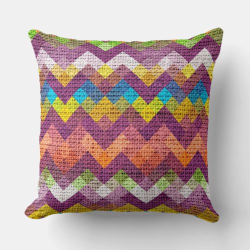 Colorful Geometric Pattern Burlap Rustic 14 Throw Pillow