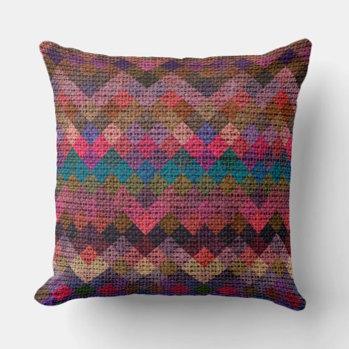 Colorful Geometric Pattern Burlap Rustic 16 Throw Pillow