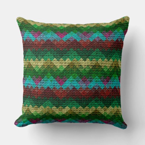 Colorful Geometric Pattern Burlap Rustic 5 Throw Pillow