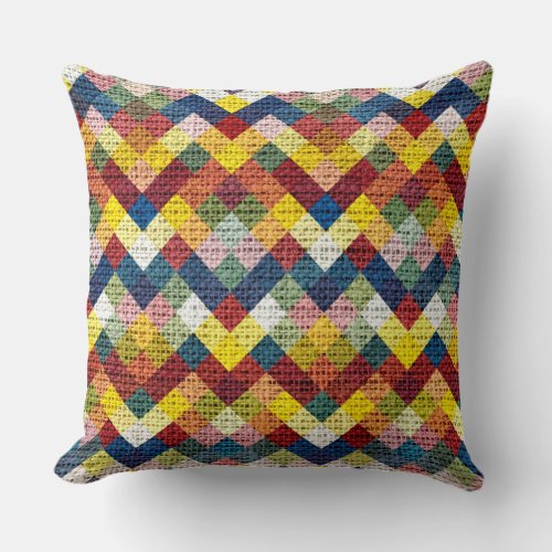 Colorful Geometric Pattern Burlap Rustic 7 Throw Pillow