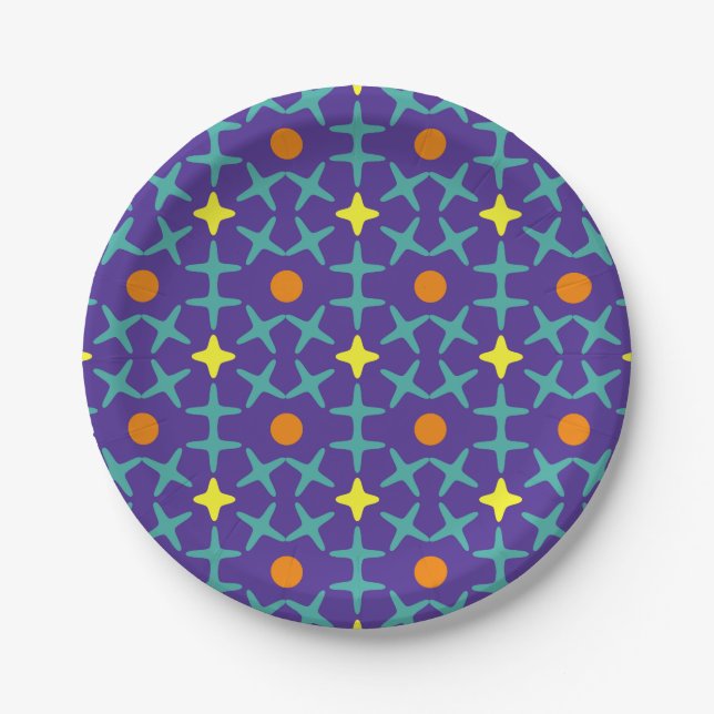 Colorful geometric pattern featuring blue cross  paper plates (Front)