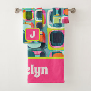 Colorful Geometric Pattern Monogrammed Name Bath Towel Set