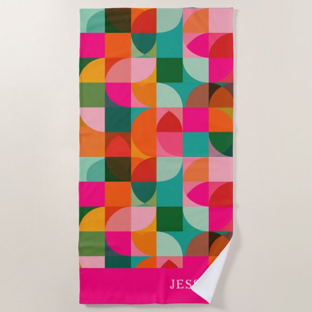 Colorful Geometric Pattern Retro Mid Century Name  Beach Towel (Front)